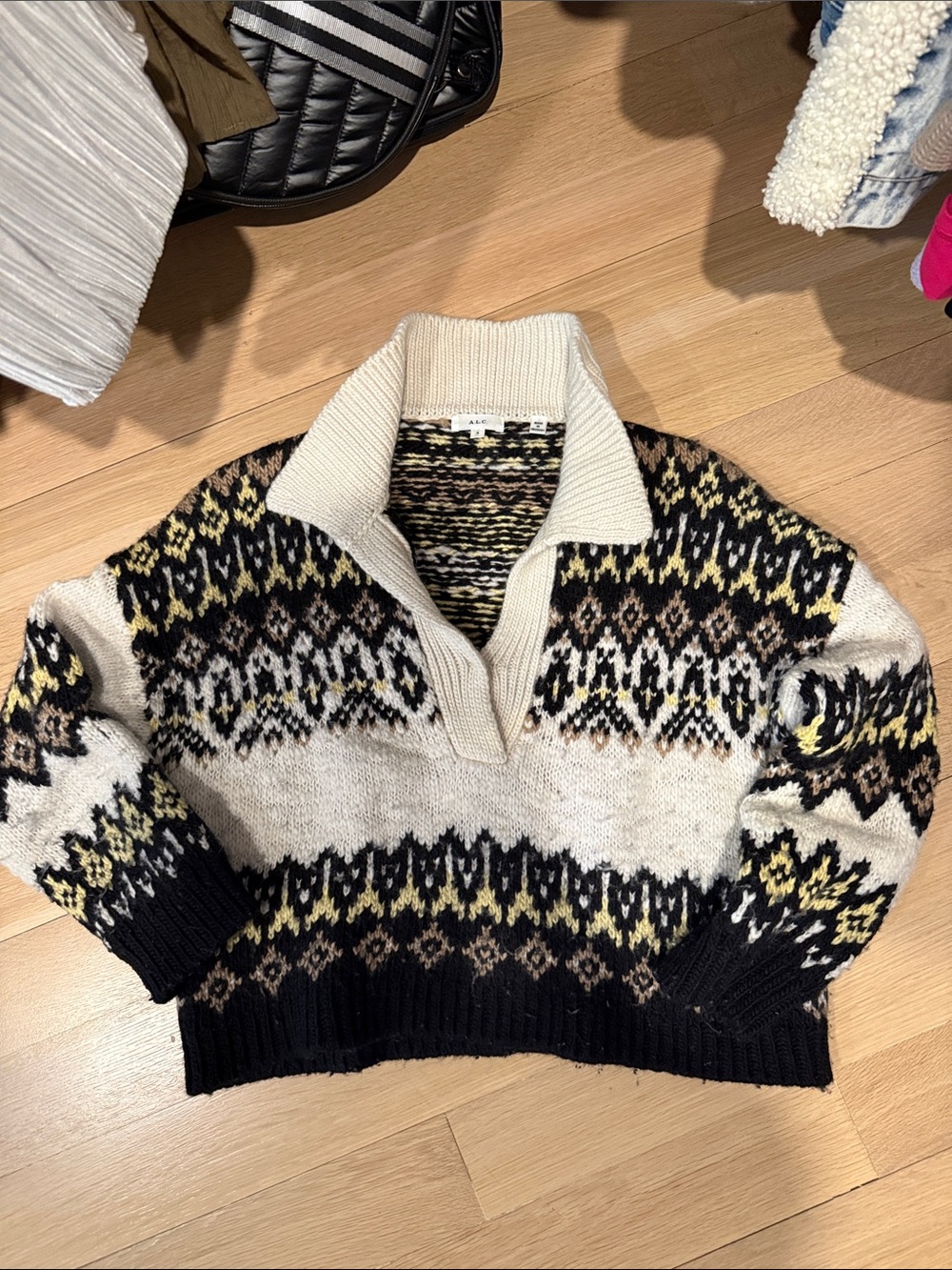 Cozy Fair Isle Pullover Sweater in Cream, Black & Yellow